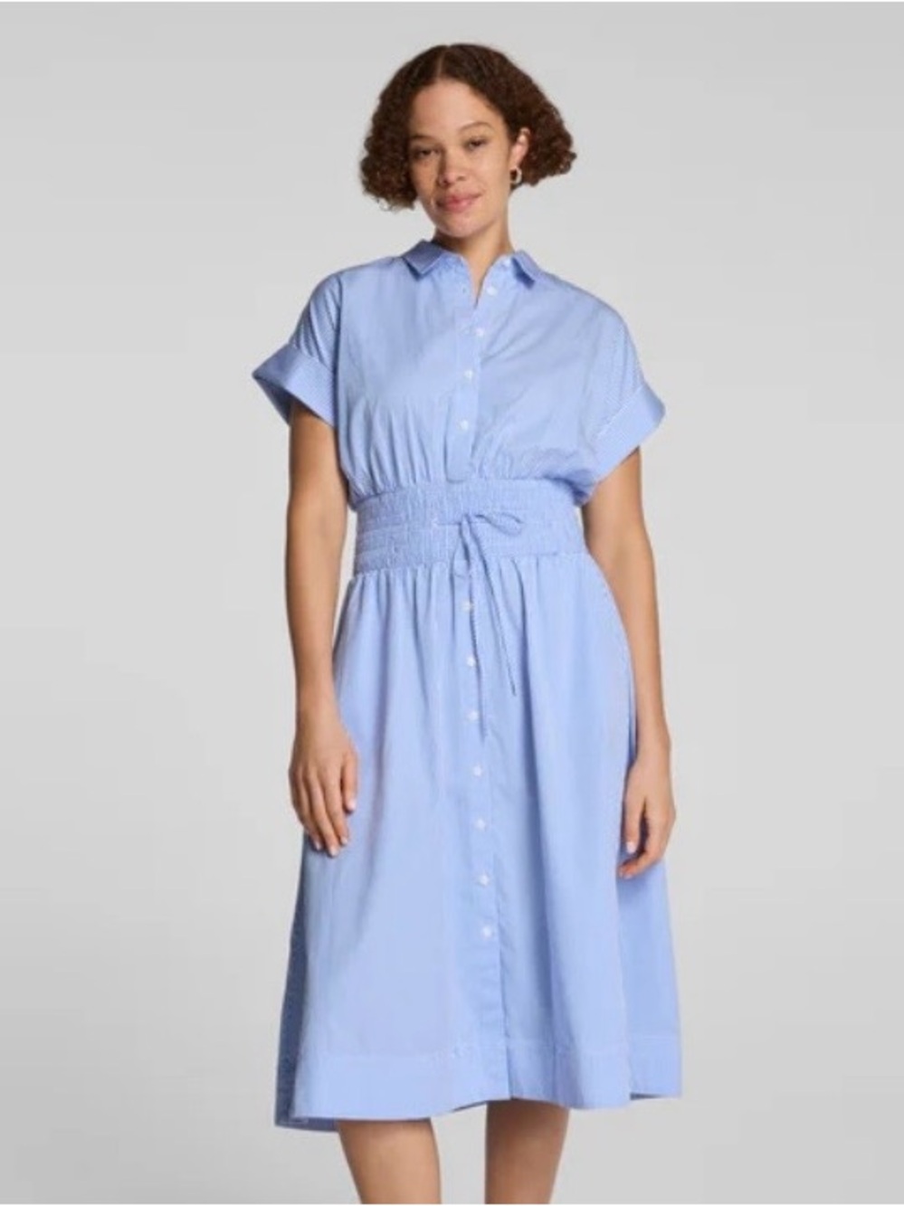 NWT SPANX Poplin Smocked Midi Dress Aster Classic White Stripe Size XS